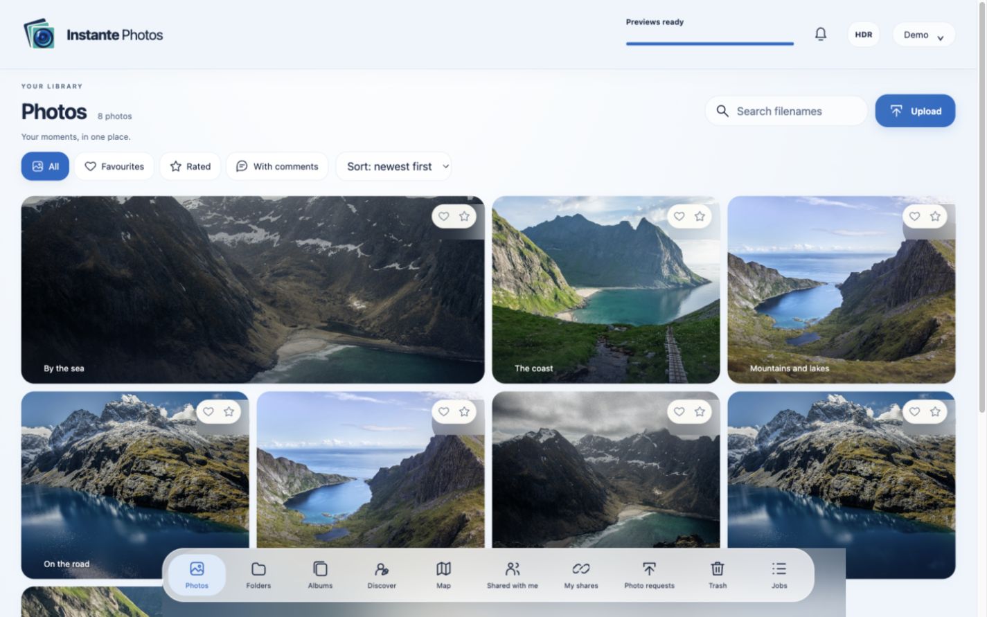 Instante Photos: photo library with filters, ratings and navigation. Neutral sample photos.